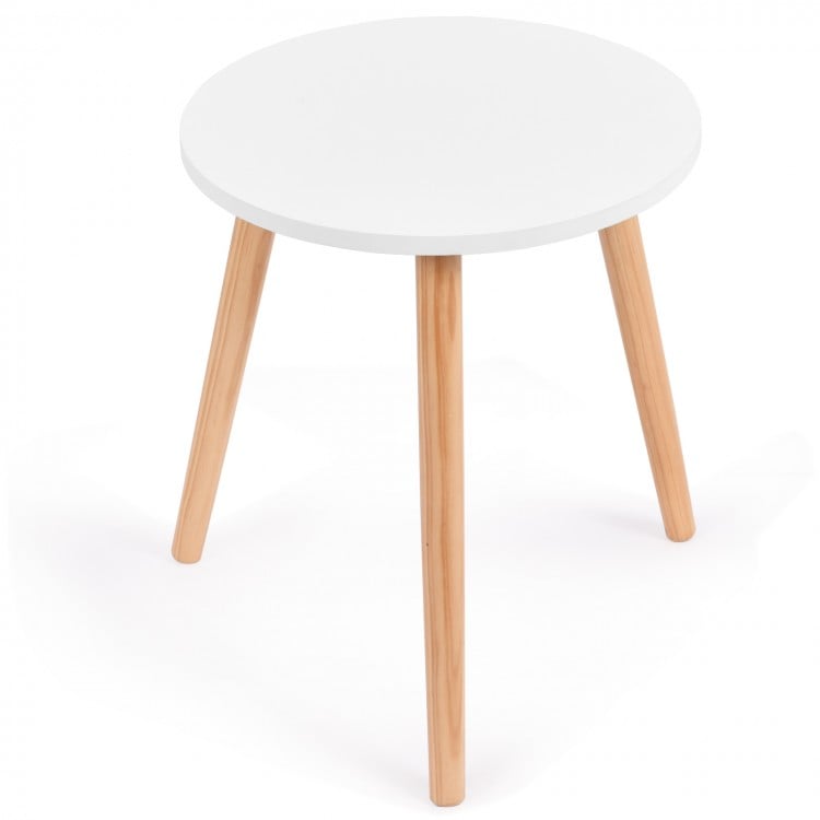 Modern 16-inch round coffee table with a white MDF tabletop and pine wood legs, ideal for living room or bedroom use.
