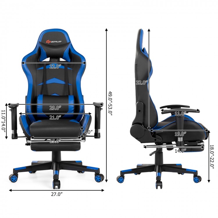 Massage gaming chair in blue displaying side view with adjustable armrests, retractable footrest, and lumbar pillow for.