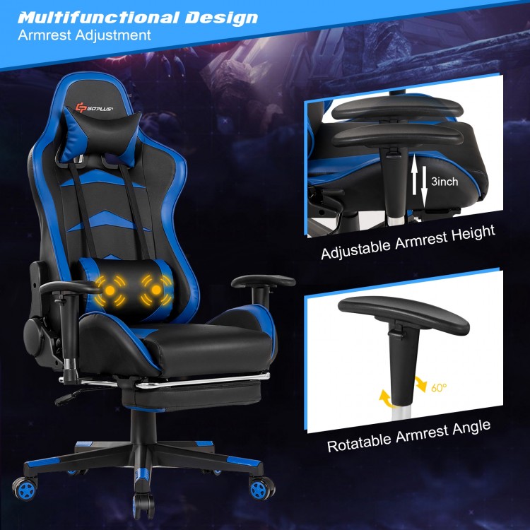 Massage gaming chair in blue with adjustable armrests, flexible backrest, and retractable footrest for comfort.