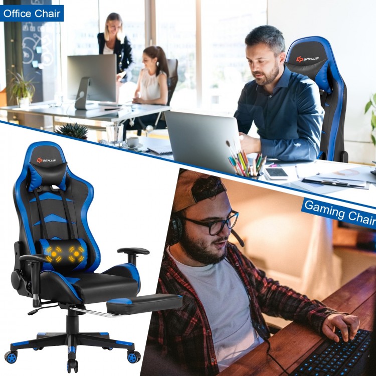 Massage gaming chair in blue with adjustable armrests, footrest, and lumbar pillow for comfort and relaxation.