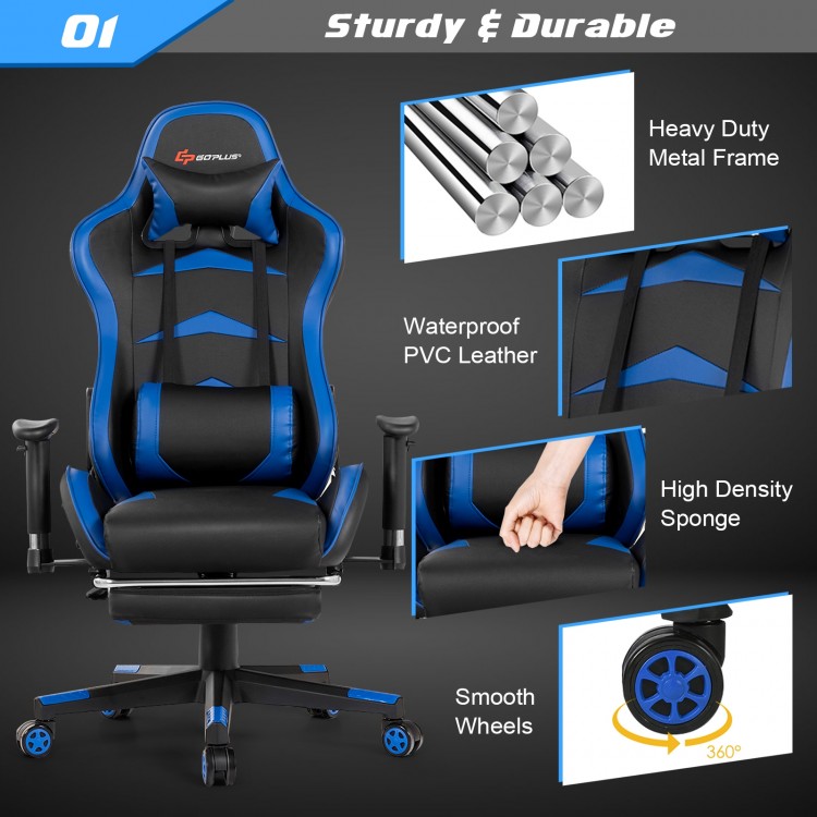 Massage gaming chair in blue with adjustable features, retractable footrest, and lumbar pillow for comfort and.