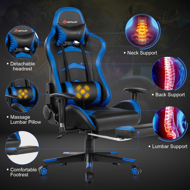 Massage gaming chair in blue with adjustable features, lumbar pillow, and retractable footrest for ultimate comfort.