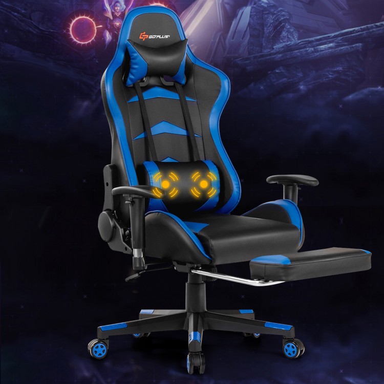 Massage gaming chair in blue with a retractable footrest and lumbar pillow, designed for ultimate relaxation and.