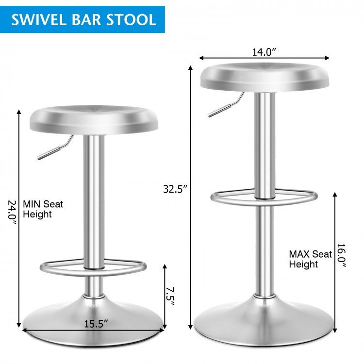 Modern swivel bar stool with adjustable height, stainless steel seat, and footrest for kitchen or pub use.