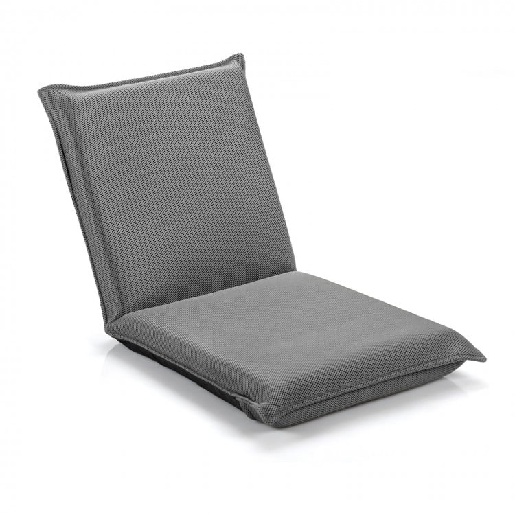 Gray adjustable floor chair with 6 positions, thick padded cushion for comfort, perfect for gaming or relaxing.