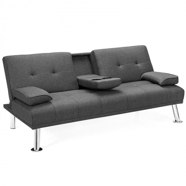 Convertible dark gray futon sofa bed with removable armrests and two cup holders, perfect for apartments and small.