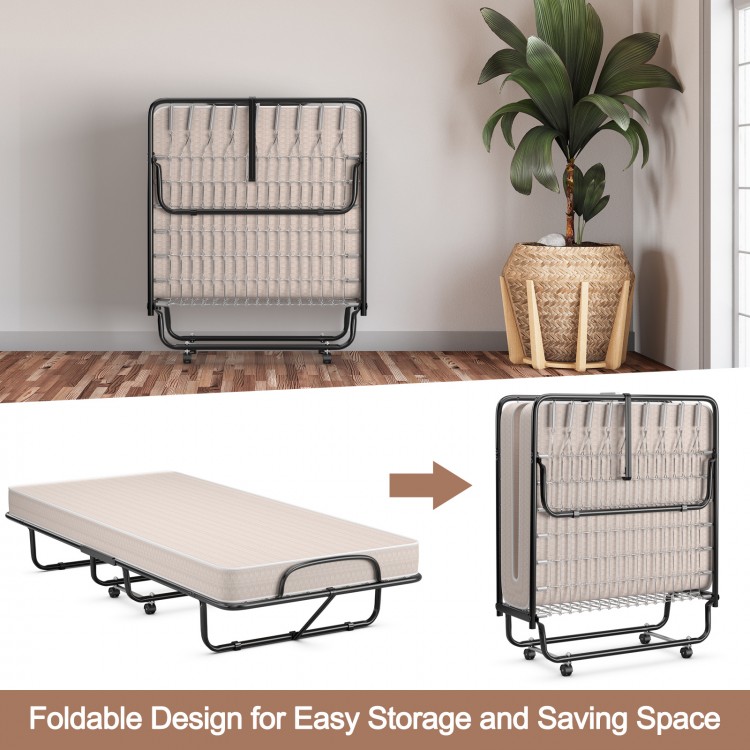 Rollaway guest bed with a beige memory foam mattress and sturdy steel frame, designed for easy storage and space-saving.