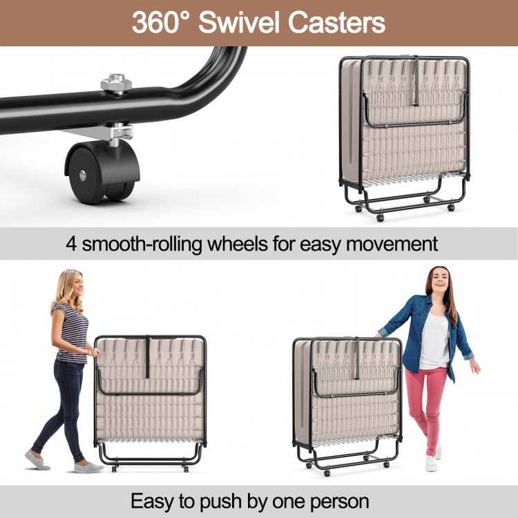 Rollaway guest bed with sturdy steel frame and memory foam mattress, featuring 360° swivel casters for easy movement.