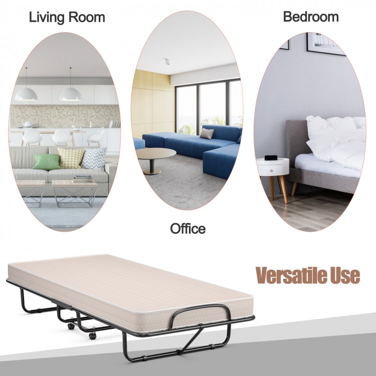 Rollaway guest bed with beige memory foam mattress and sturdy steel frame, ideal for versatile use in various rooms.