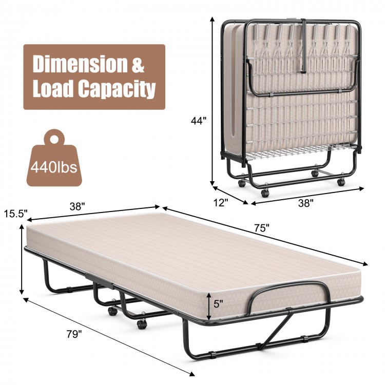 Folding rollaway guest bed with a sturdy steel frame and memory foam mattress, designed for easy storage and transport.