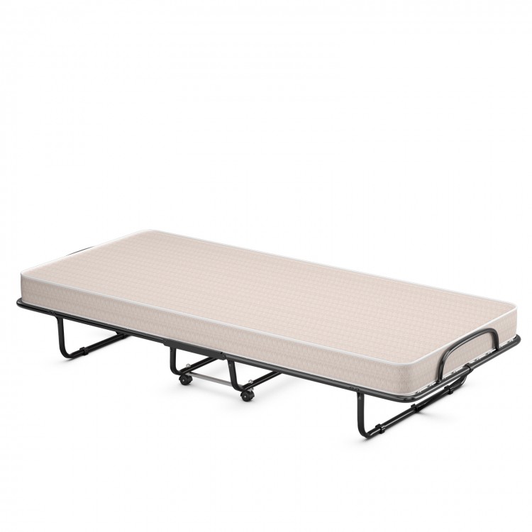 Rollaway guest bed with beige memory foam mattress and sturdy powder-coated steel frame, ideal for space-saving storage.
