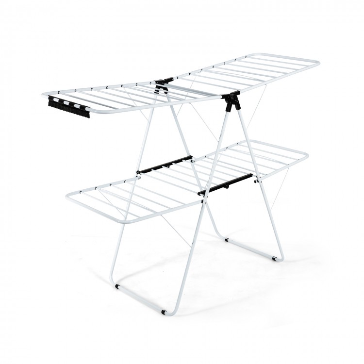 Adjustable gullwing of the 2-tier foldable clothes drying rack, providing extra space for longer items like bed linens.