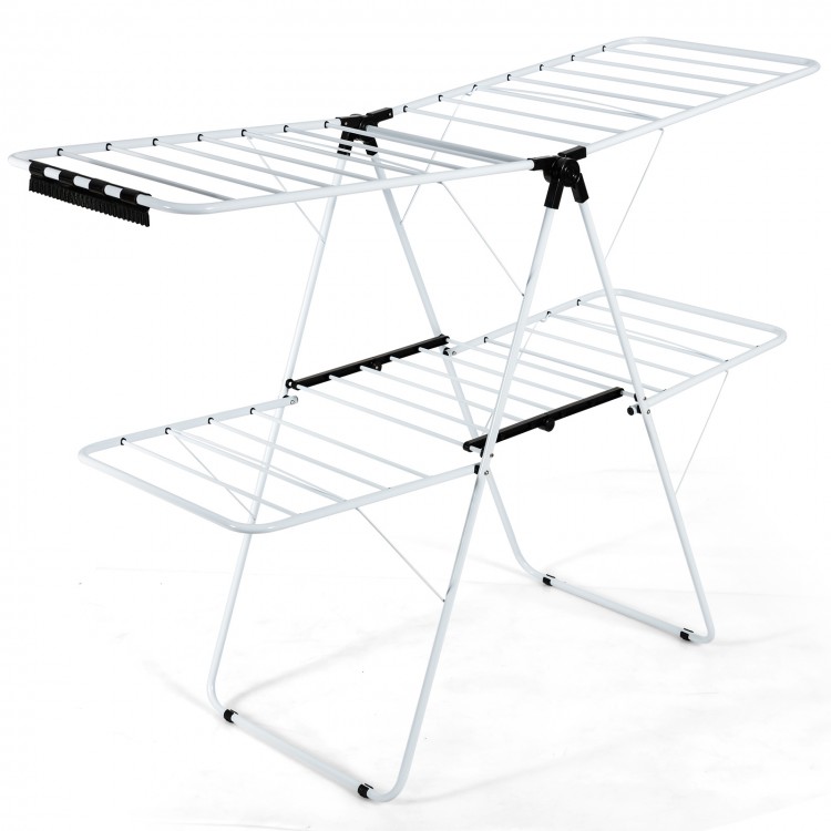 2-tier foldable clothes drying rack with adjustable gullwing, durable steel, ideal for indoor and outdoor use.