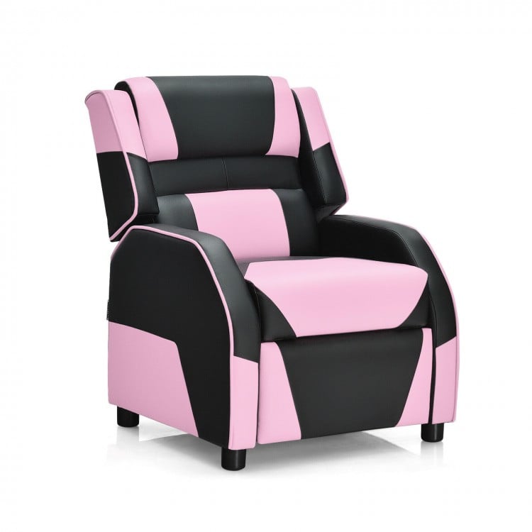 Kids youth gaming recliner in pink and black PU leather with ergonomic design, ideal for gaming, reading, and relaxing.