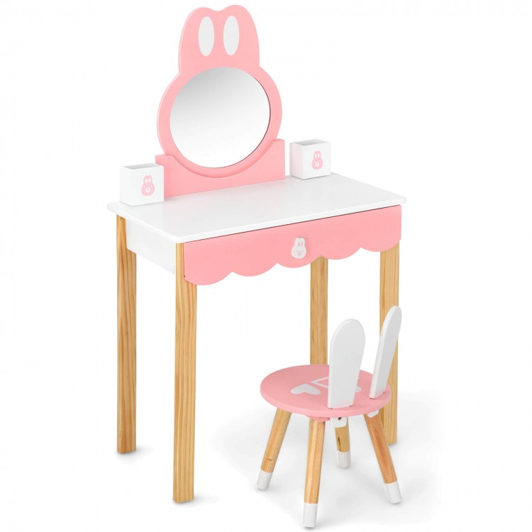 Kids vanity set featuring a pink rabbit design, round mirror, and storage drawer, perfect for playroom or bedroom use.