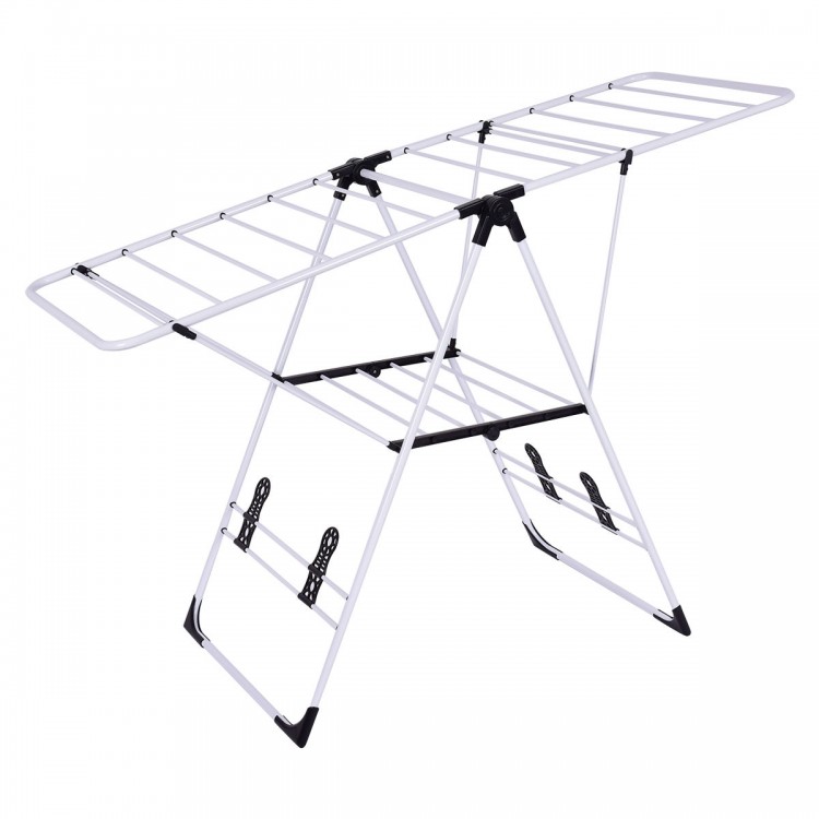 Portable folding drying rack with two tiers and six dryer tubes, ideal for laundry and space-saving storage.