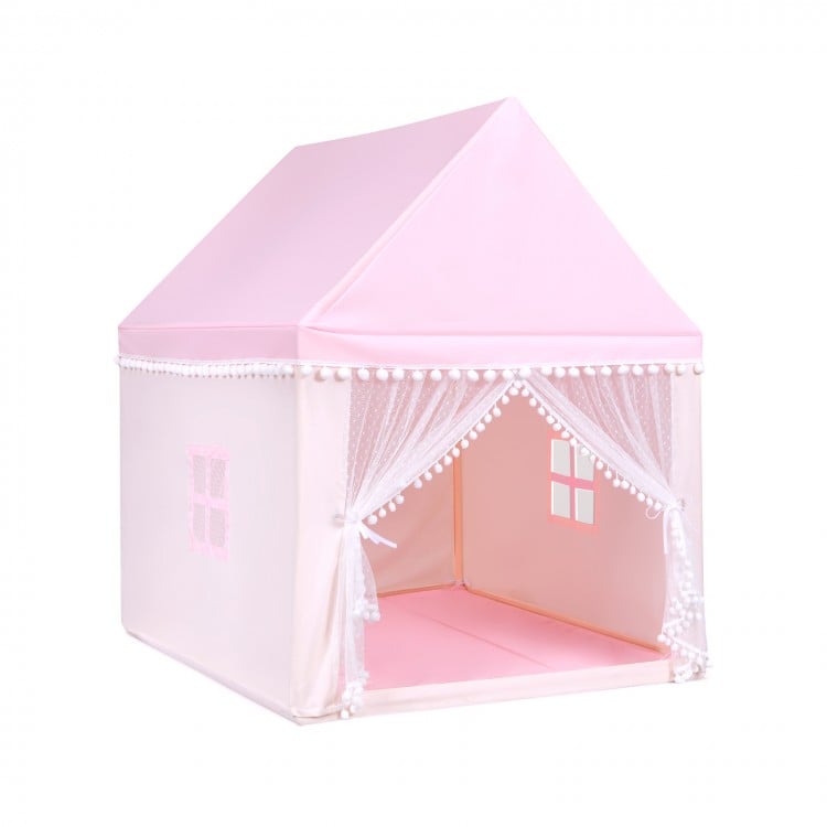 Large pink kids play tent with solid wood frame, mesh door curtain, and thick mat for indoor and outdoor fun.