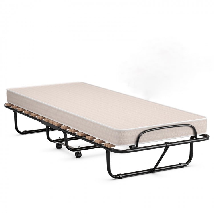 Folding guest bed with a 75 x 31.5 inch memory foam mattress on a sturdy steel frame, ideal for versatile use.