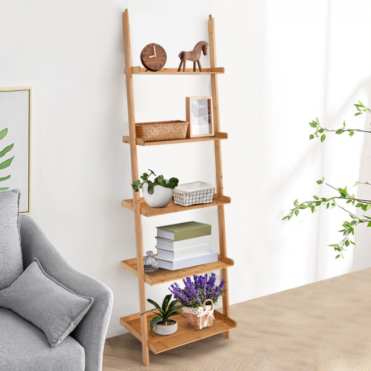 5-tier bamboo ladder shelf with open storage for plants and decor, ideal for living room or kitchen space-saving.