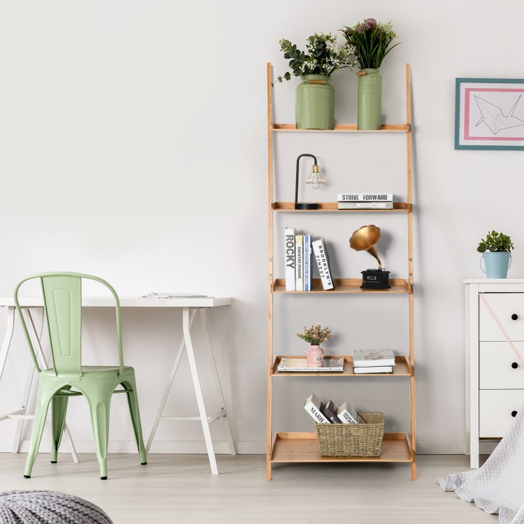 5-tier bamboo ladder shelf with open storage, perfect for displaying plants and decor in living room or kitchen.