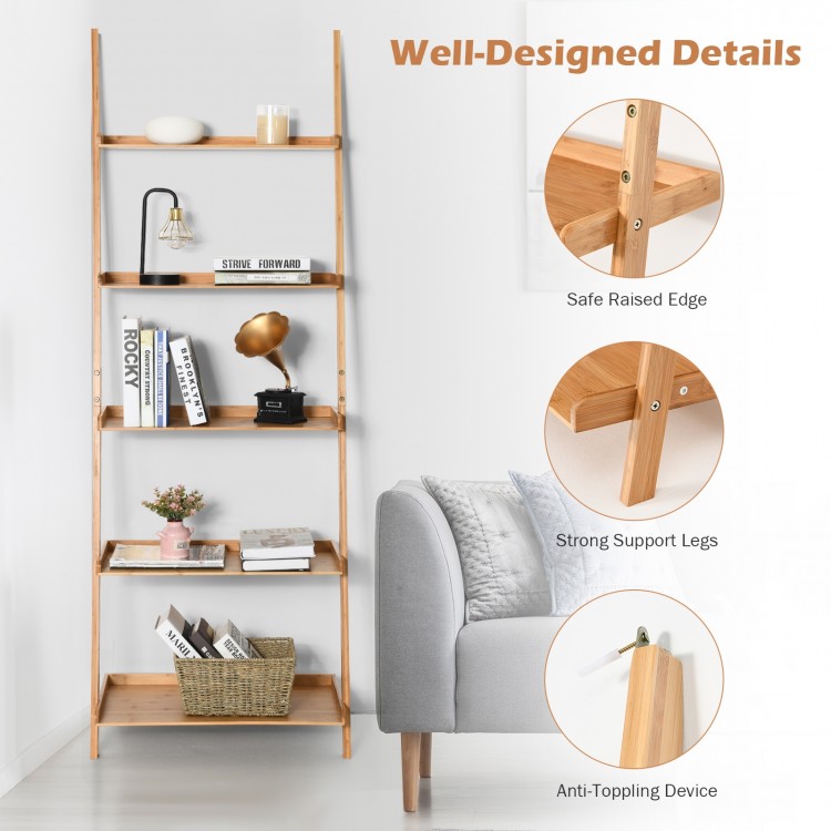 5-tier bamboo ladder shelf with strong support legs and raised edges, ideal for corner storage in living rooms or.