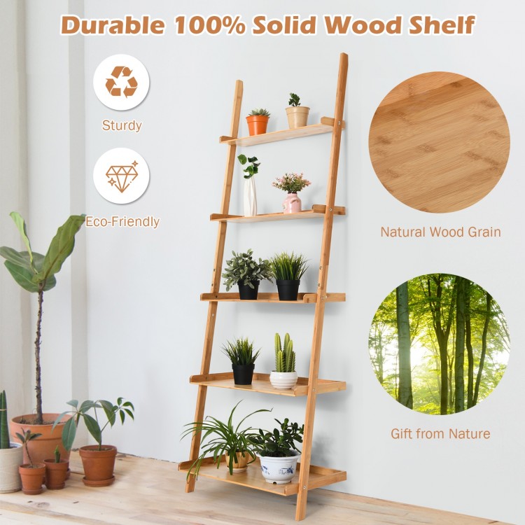 5-tier bamboo ladder shelf with natural wood grain, perfect for displaying plants and saving space in any room.