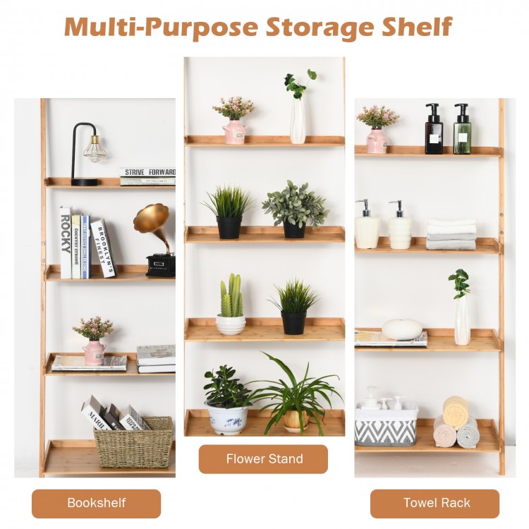 5-tier bamboo ladder shelf with open storage, ideal for plants and books, perfect for living room or kitchen use.