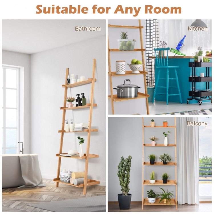 5-tier bamboo ladder shelf with open storage, ideal for plants and decor in living room, kitchen, or bathroom.