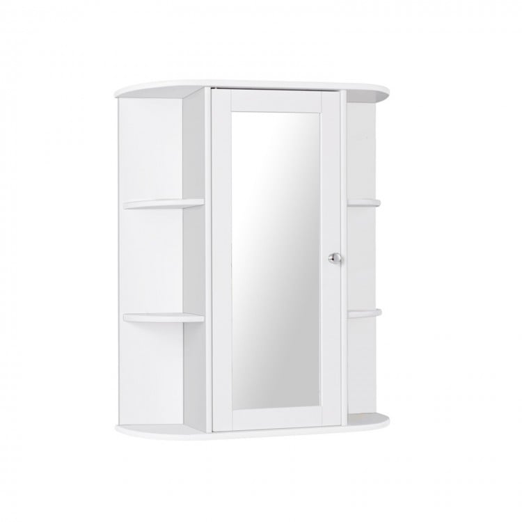 White bathroom cabinet with a single door and six open shelves, perfect for organized storage in modern spaces.