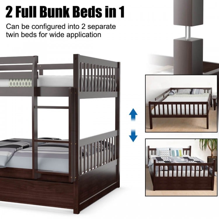 Full over full bunk bed in brown wood with guardrails and trundle, ideal for kids' rooms or compact spaces.