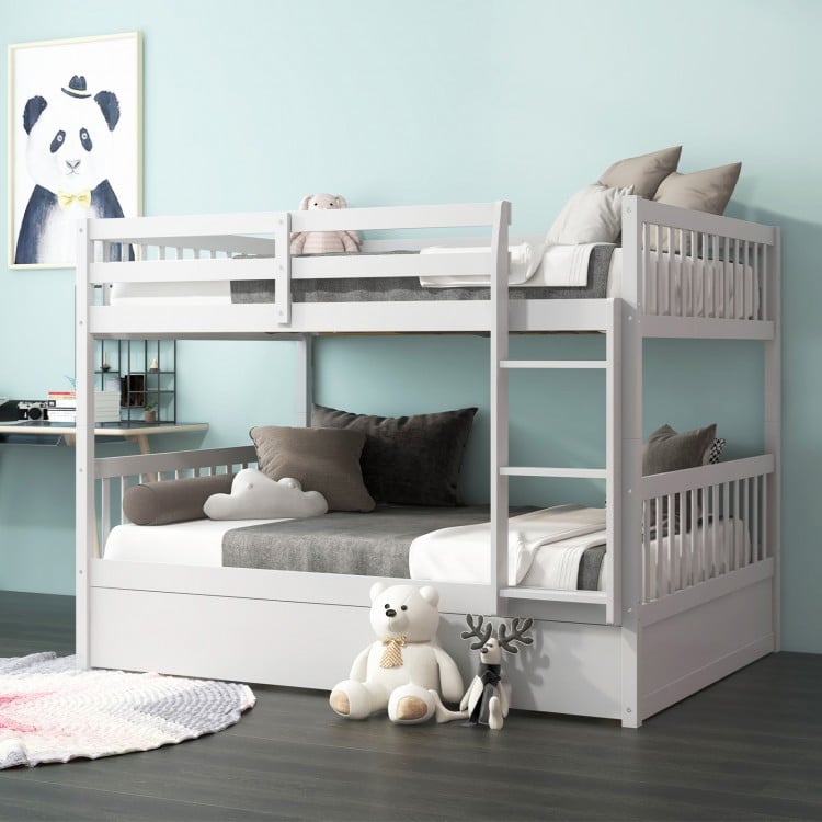 Close-up of full over full bunk bed in white wood, highlighting the sturdy slats and smooth finish for lasting.