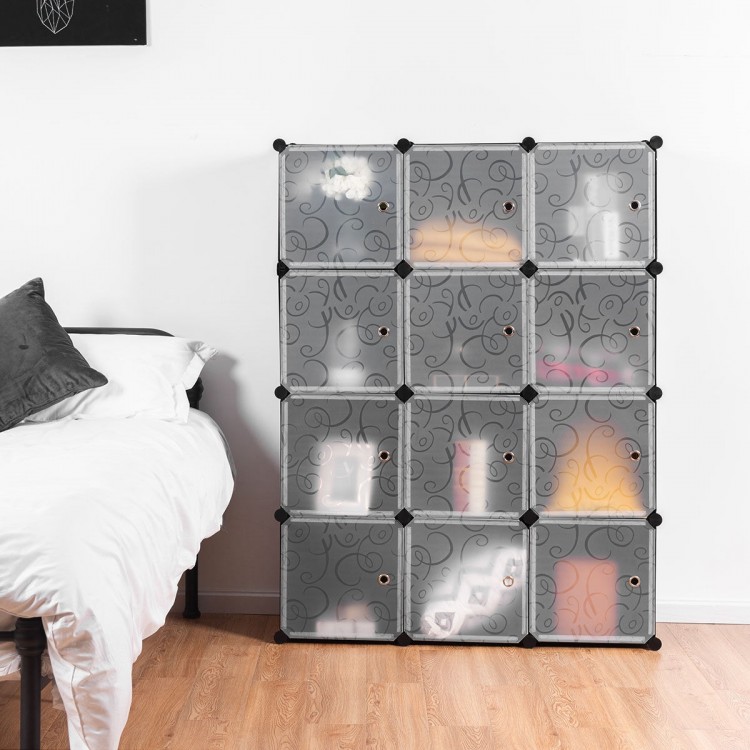 12-cube portable closet storage organizer made of durable PP material, ideal for organizing clothes, books, and toys.