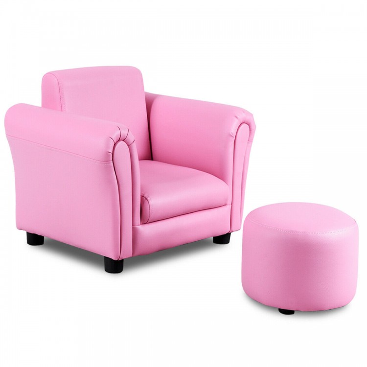 Kids single armrest couch sofa in pink with ottoman, ideal for children's rooms and versatile for indoor outdoor use.