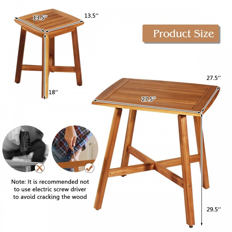 Square acacia wood dining table with dimensions 27.5" x 18", perfect for outdoor gatherings and space-saving design.