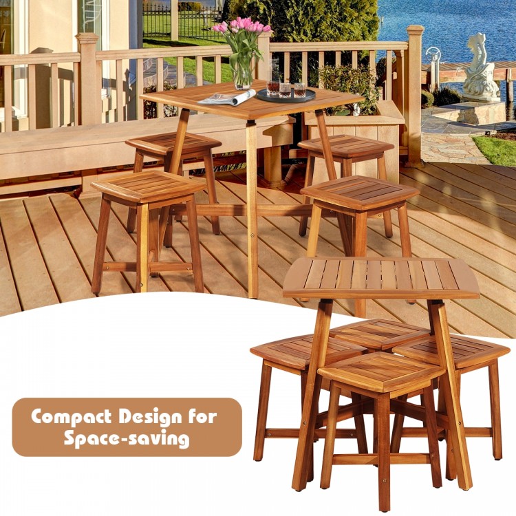 5-piece acacia patio dining set featuring a square table and stools, designed for space-saving and outdoor enjoyment.