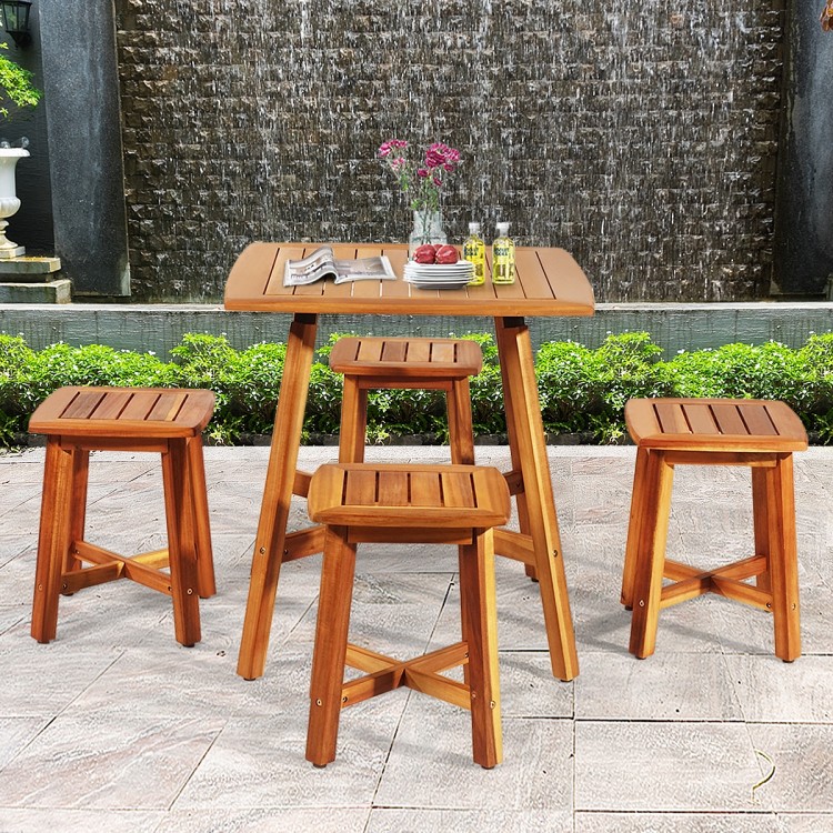 5-piece acacia patio dining set featuring a square table and 4 stools, ideal for outdoor gatherings and space-saving.