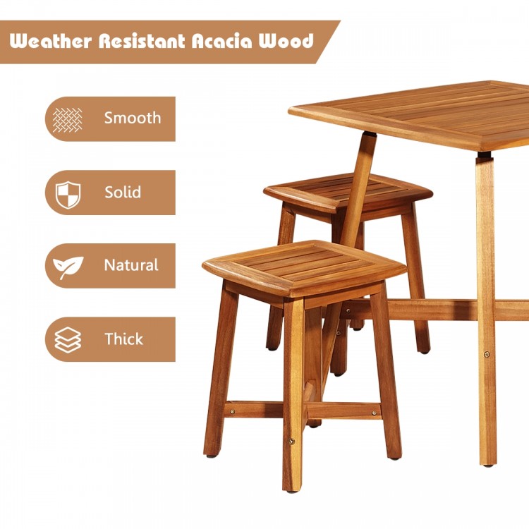 5-piece acacia patio dining set featuring a square table and stools, perfect for outdoor gatherings and space-saving.