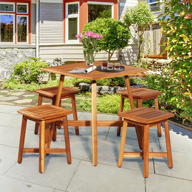 5-piece acacia patio dining set featuring a square table and four stools, ideal for outdoor gatherings and space-saving.