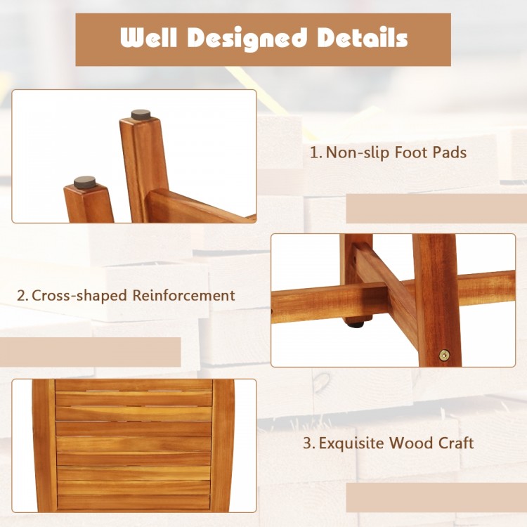 Close-up of the acacia wood dining set's cross-shaped reinforcement and non-slip foot pads for stability and durability.