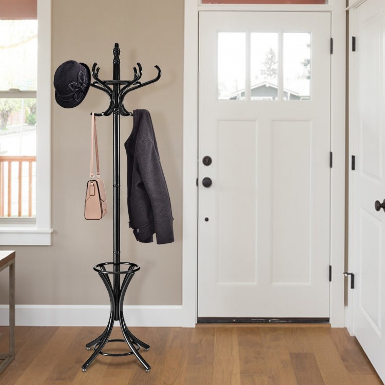 Black wood standing hat coat rack with umbrella stand, featuring 12 hooks and a compact design for versatile use.