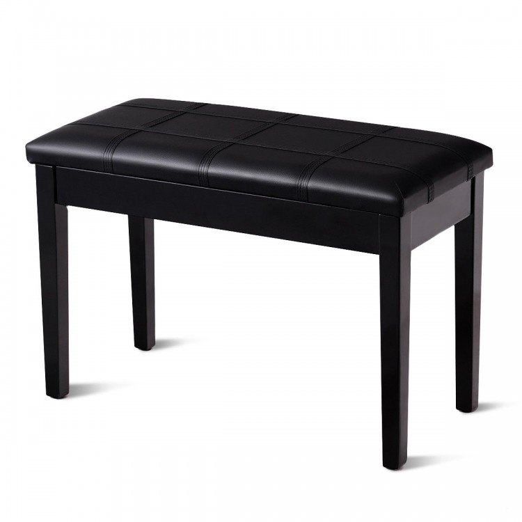 Black PU leather piano bench with solid wood construction, padded seat, and storage compartment for sheet music.