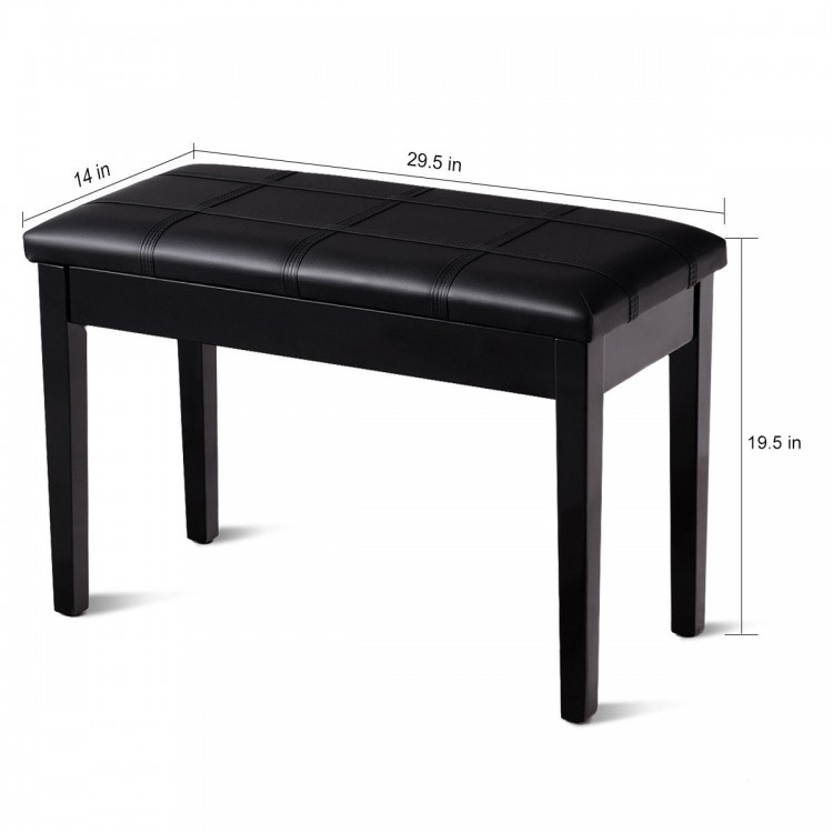 Black solid wood piano bench with PU leather seat, storage compartment, and anti-slip feet pads for stability.