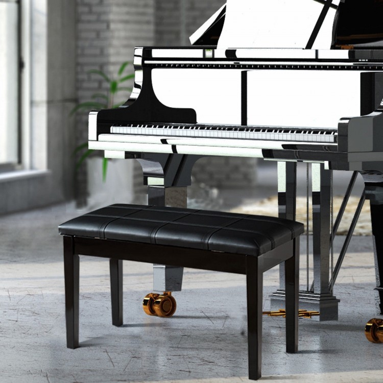 Black solid wood piano bench with PU leather, padded seat, and storage compartment, perfect for duet practice.