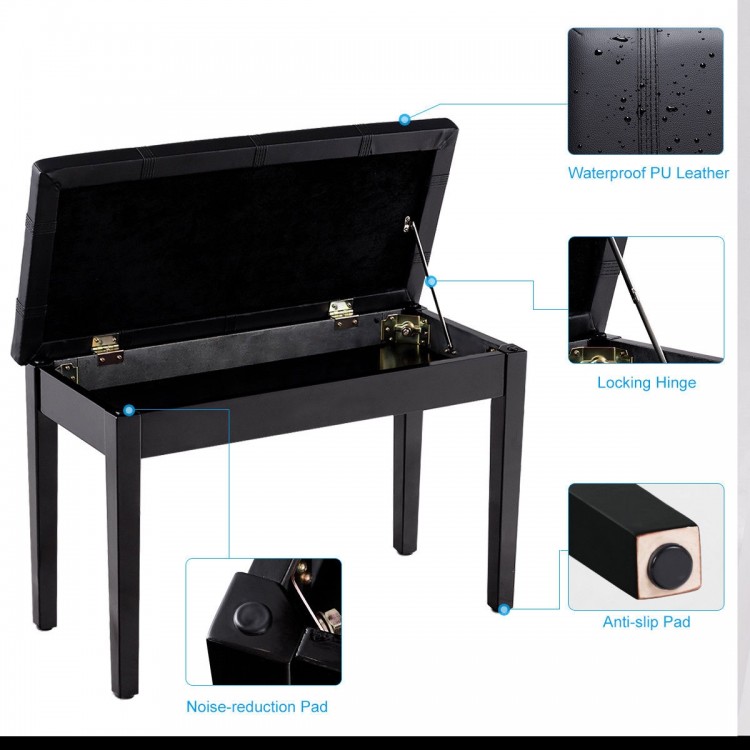 Piano bench in black PU leather with storage compartment, solid wood construction, and anti-slip feet pads for.
