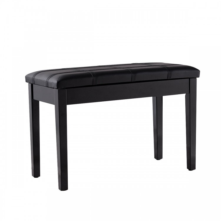 Black PU leather piano bench with solid wood frame, storage compartment, and anti-slip feet pads for stability.