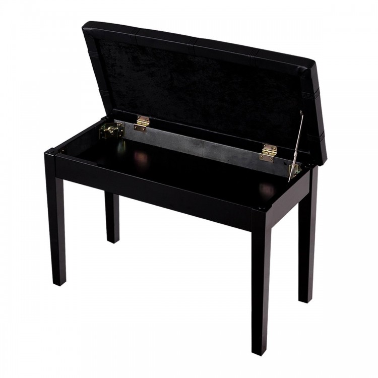 Black solid wood piano bench with PU leather, storage compartment, and anti-slip feet pads for stability and comfort.