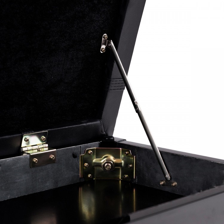 Close-up of the storage compartment in the Solid Wood PU Leather Piano Bench, featuring a sturdy lock and.