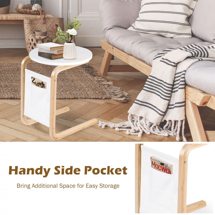 Bentwood sofa side table with white lacquered tabletop and side pocket for storage, ideal for living room or bedroom.