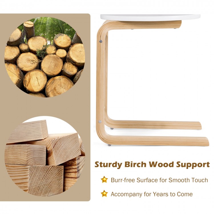 Bentwood side table with white lacquered tabletop, sturdy birch wood frame, and side storage pocket for versatile use.