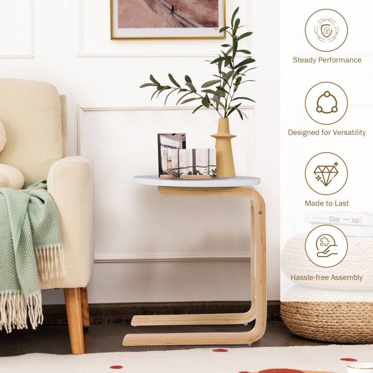 Bentwood sofa side table with round white tabletop, birch wood frame, and side storage pocket for versatile use.